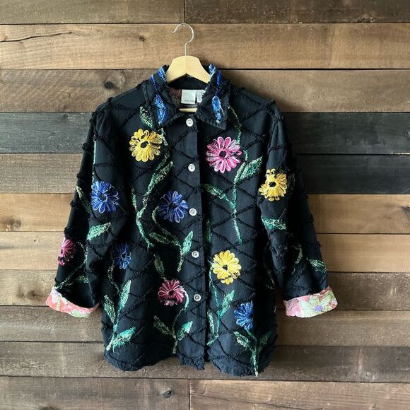 Vintage 90s Roaman’s 100% Cotton Black Floral Embroidered Button Front Jacket - Picture 8 of 12